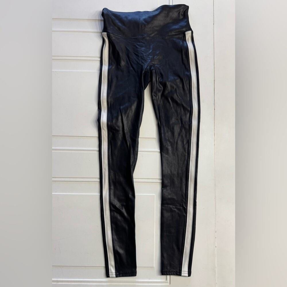 SPANX Black Faux Leather Side White Stripe Leggings Pants Size Small